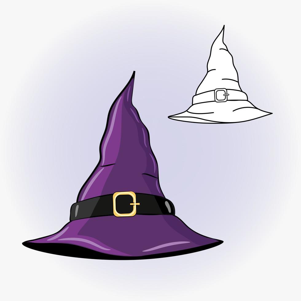 Drawing of witch hat. Vector flat illustration.  Icon, sticker.  Magic and festive illustration. Coloring page.