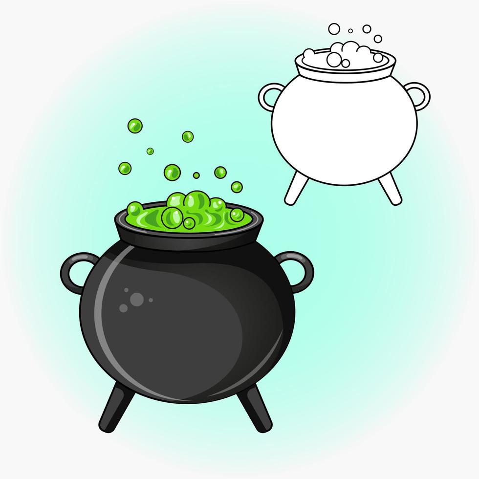 Drawing of  witch's cauldron with potion. Vector flat illustration.  Icon, sticker.  Magic and Halloween illustration. Coloring page.