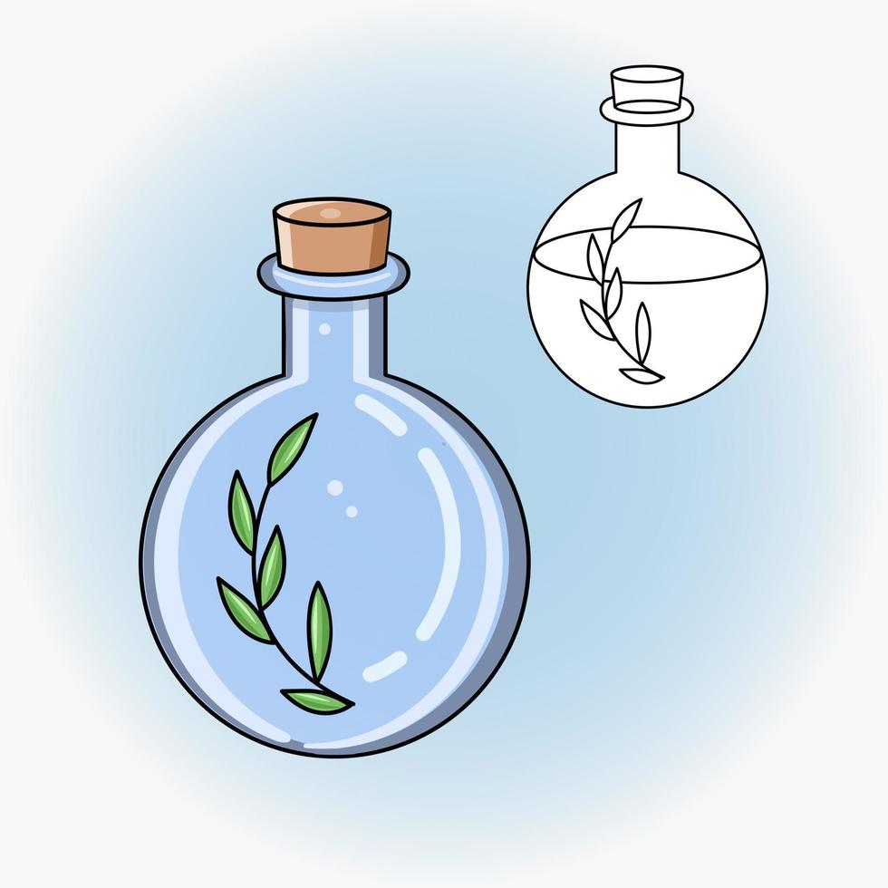 Drawing of flask with potion and herb. Vector flat magical illustration.  Icon, sticker.  Magic and festive illustration. Coloring page.