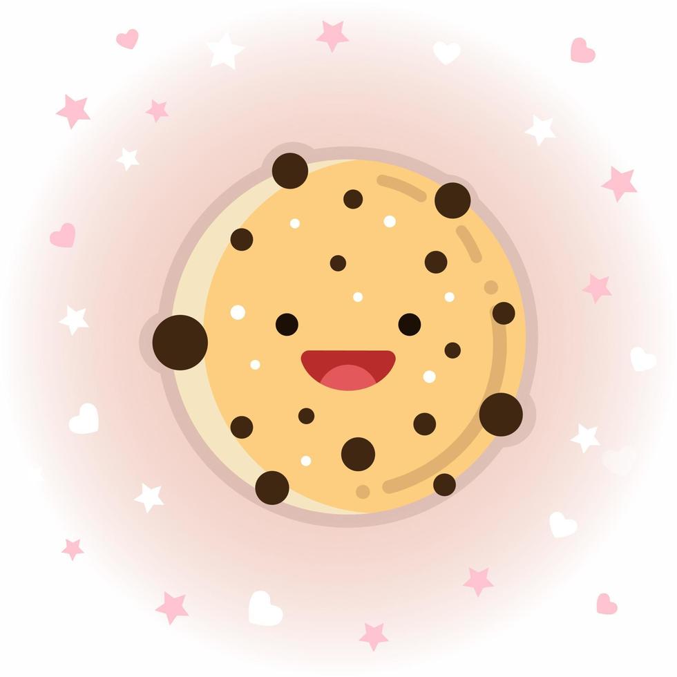 Cute chocolate chip cookie vector icon illustration. Sticker cartoon logo. Food icon concept.  Flat cartoon style suitable for web landing page, banner, sticker, background. Kawaii cookie.