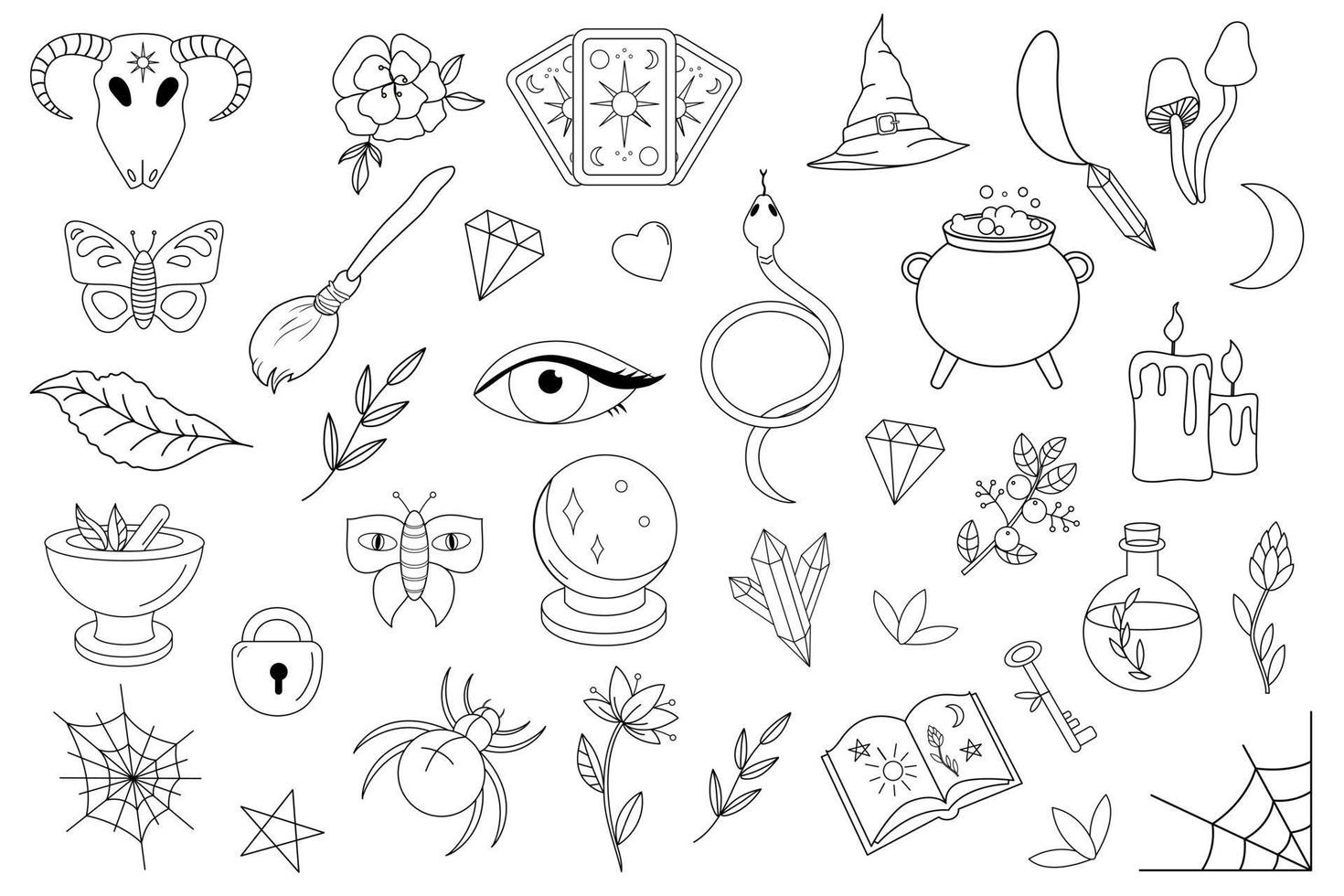 Black and white icon set with magic items. Magic items collection. Witchcraft signs and objects set for ritual. Wiccan symbols. vector