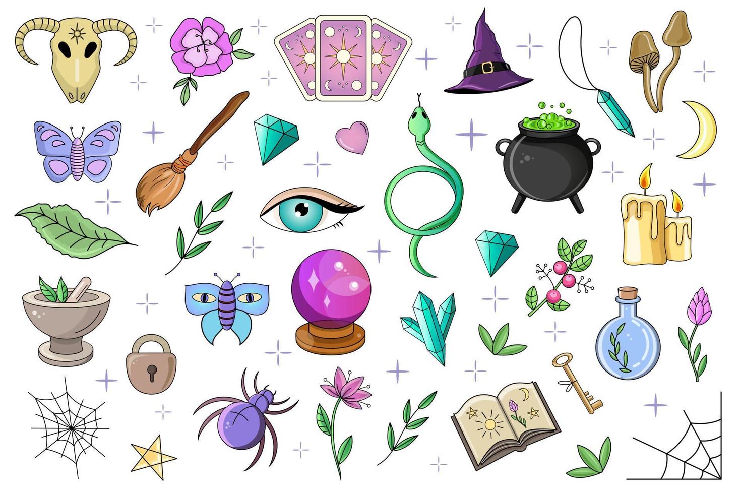 Icon set with magic items. Magic items collection. Witchcraft signs and objects set for ritual. Wiccan symbols. vector