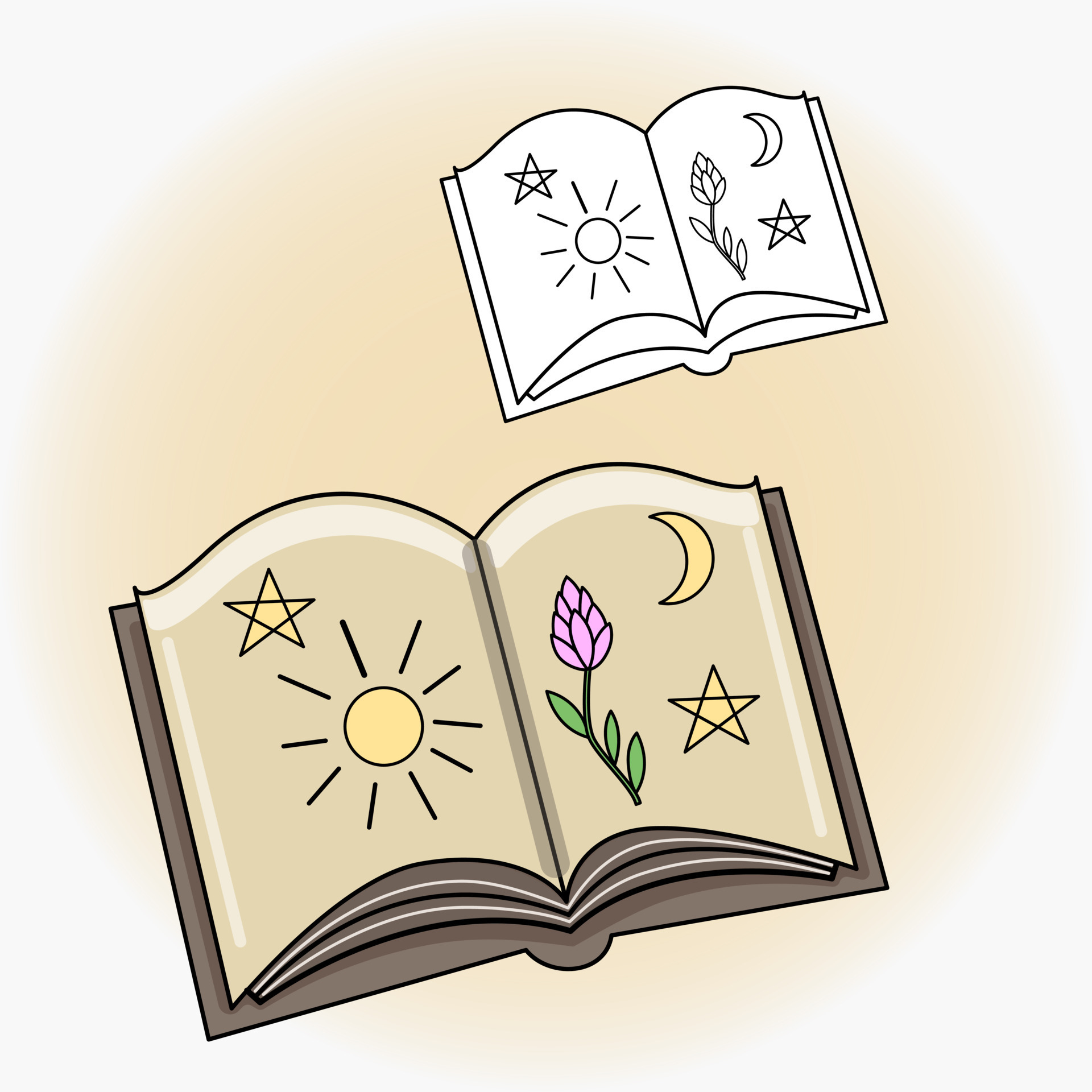 Drawing of magic book. Vector flat magical illustration. Icon, sticker