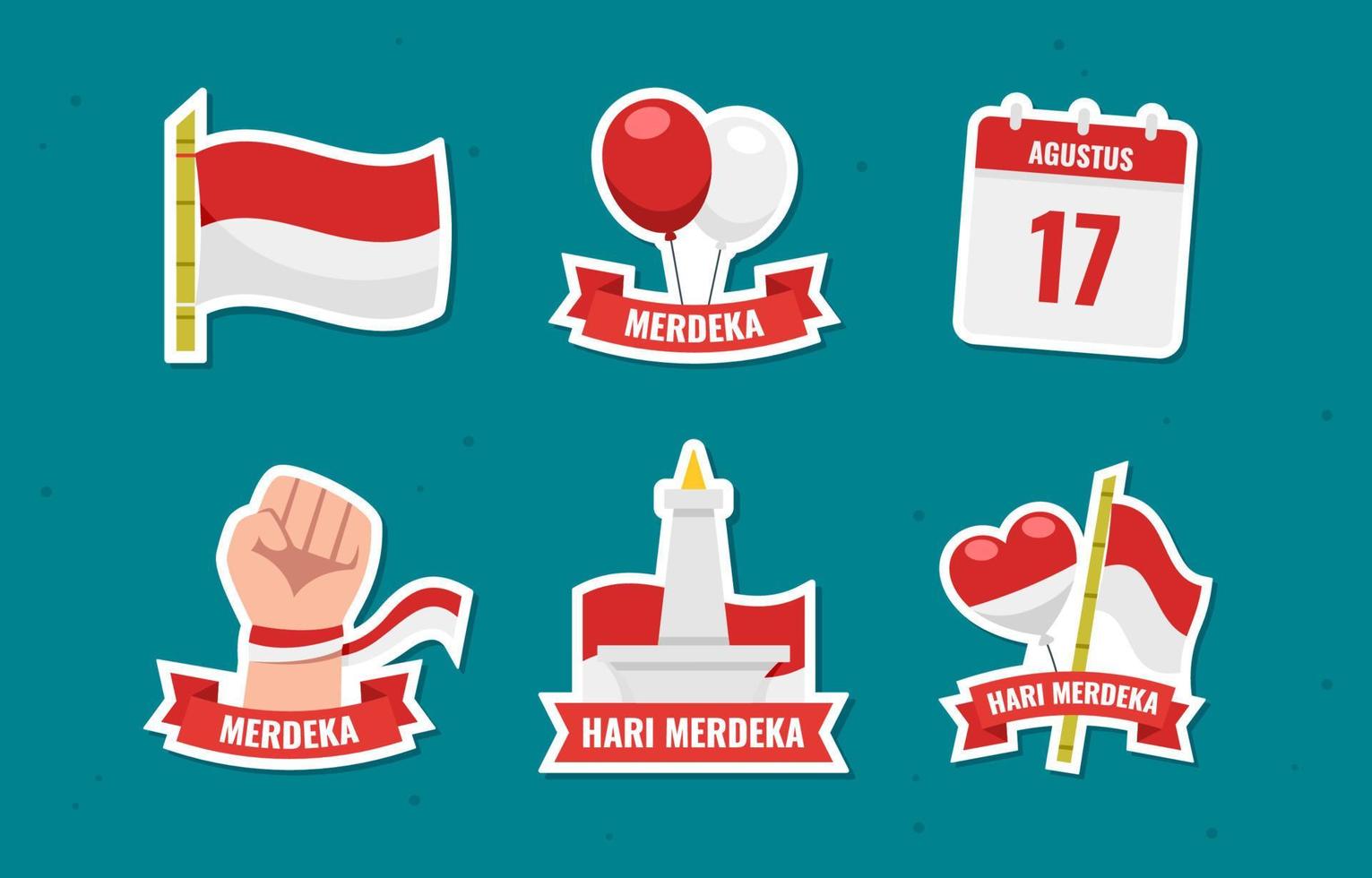 conjunto de pegatinas del día de la independencia de indonesia vector