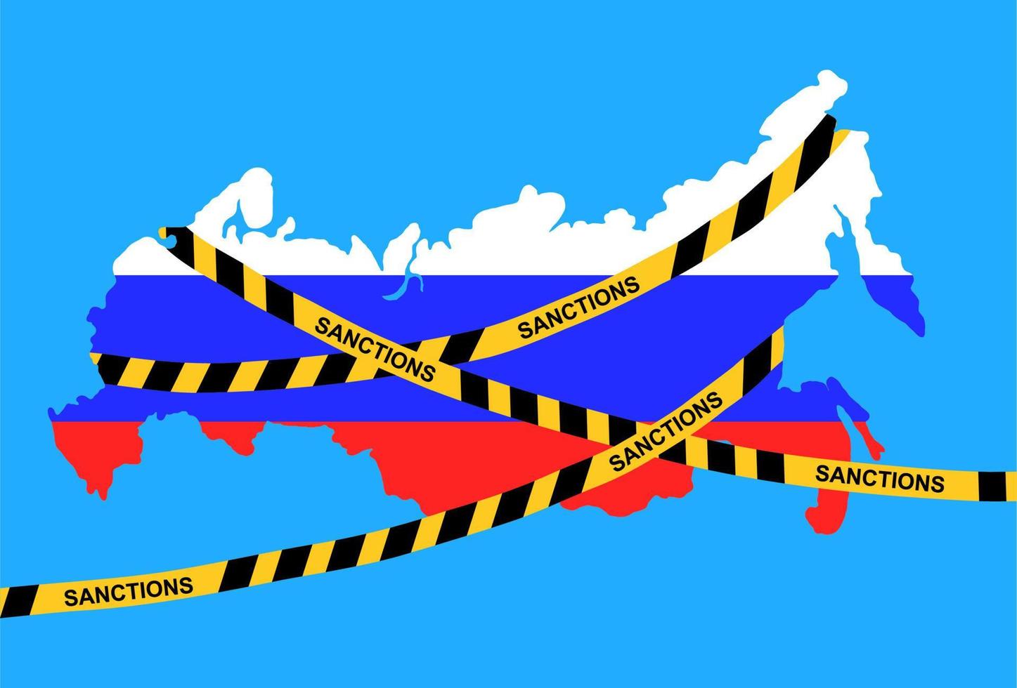 sanciones contra rusia. silueta del mapa de la federación rusa con bandera tricolor y cintas amarillas cruzadas con inscripciones. detener el concepto de guerra. vector
