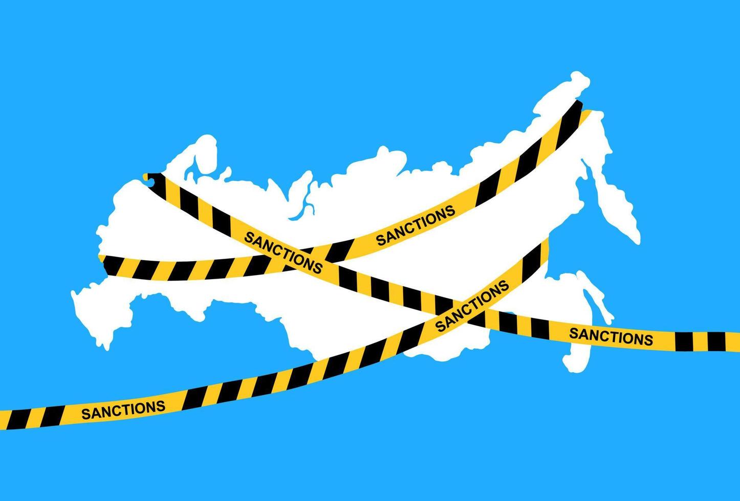 Sanctions against Russia. Silhouette of map of the Russian Federation and crossed yellow ribbons with inscriptions. Stop War concept. vector