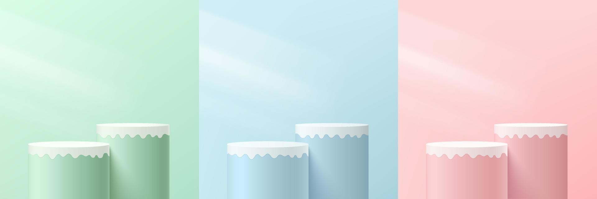 Set of abstract pink, green, blue and white 3D cylinder pedestal or stand podium with lighting. Pastel minimal scene collection. Modern vector rendering platform for product display presentation.
