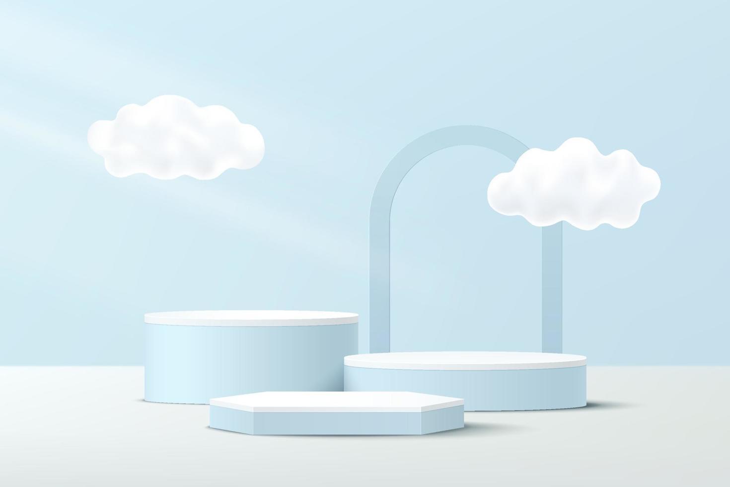 Abstract White, Blue 3D hexagonal and cylinder pedestal podium with cloud flying and arches backdrop. Pastel blue minimal scene for product display presentation. Vector geometric rendering platform.