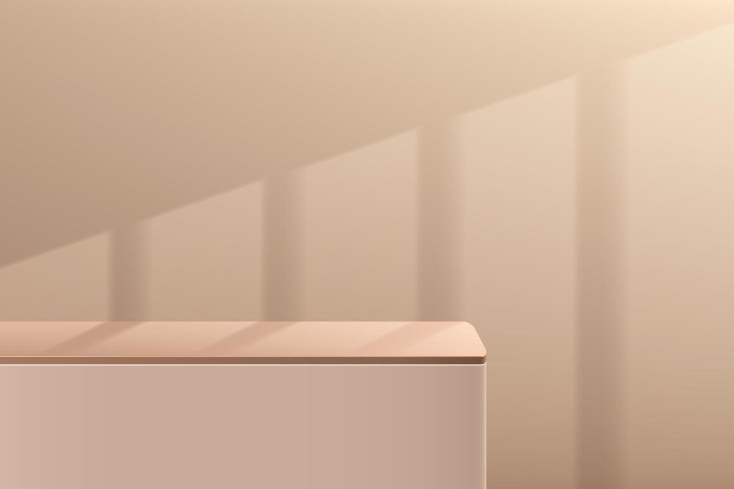 Abstract brown and beige 3D round corner cube pedestal or stand podium with window lighting. Minimal wall scene for cosmetic product display presentation. Vector geometric rendering platform design.