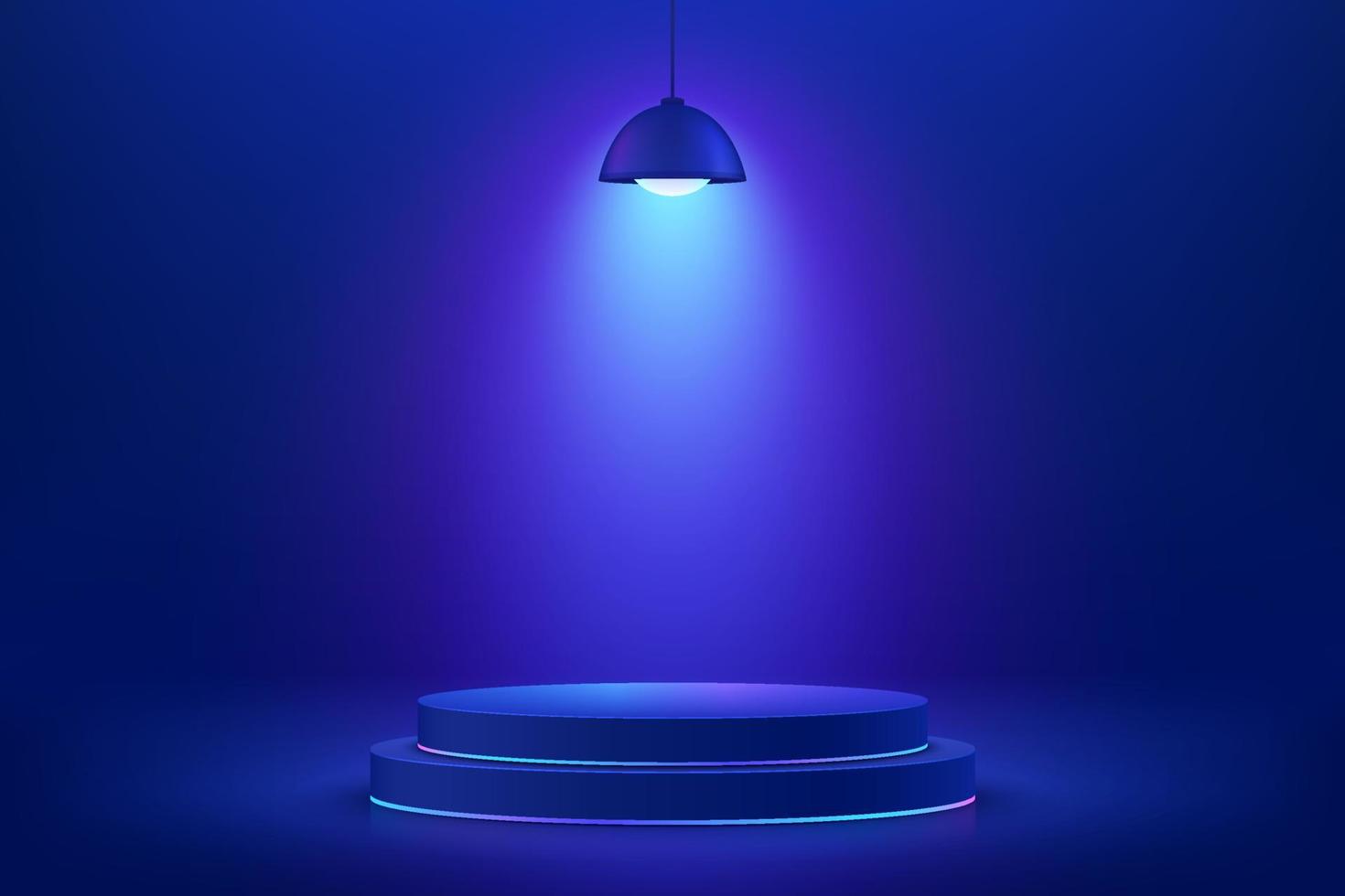 Abstract shiny blue cylinder pedestal podium. Sci-fi blue abstract room with glowing hanging neon lamp lighting. Vector rendering 3d shape, Product display mockup. Futuristic scene. Stage for showcase