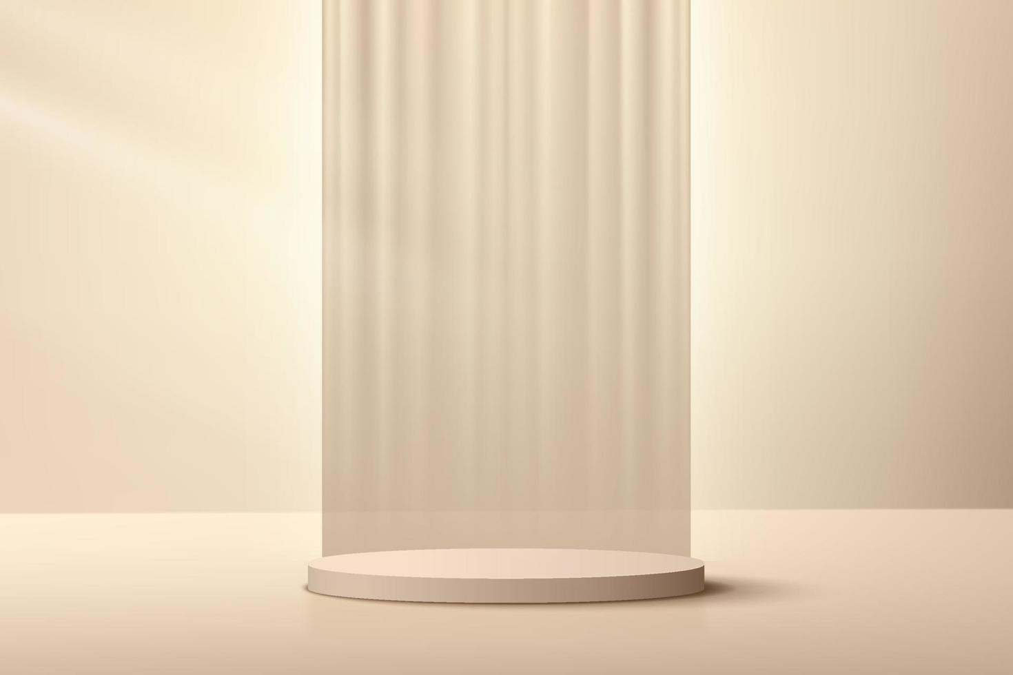 podio de pedestal de cilindro 3d beige, crema abstracto con fondo de cortina vertical. escena de pared mínima marrón de lujo para la presentación de exhibición de productos cosméticos. diseño de plataforma de representación geométrica vectorial. vector