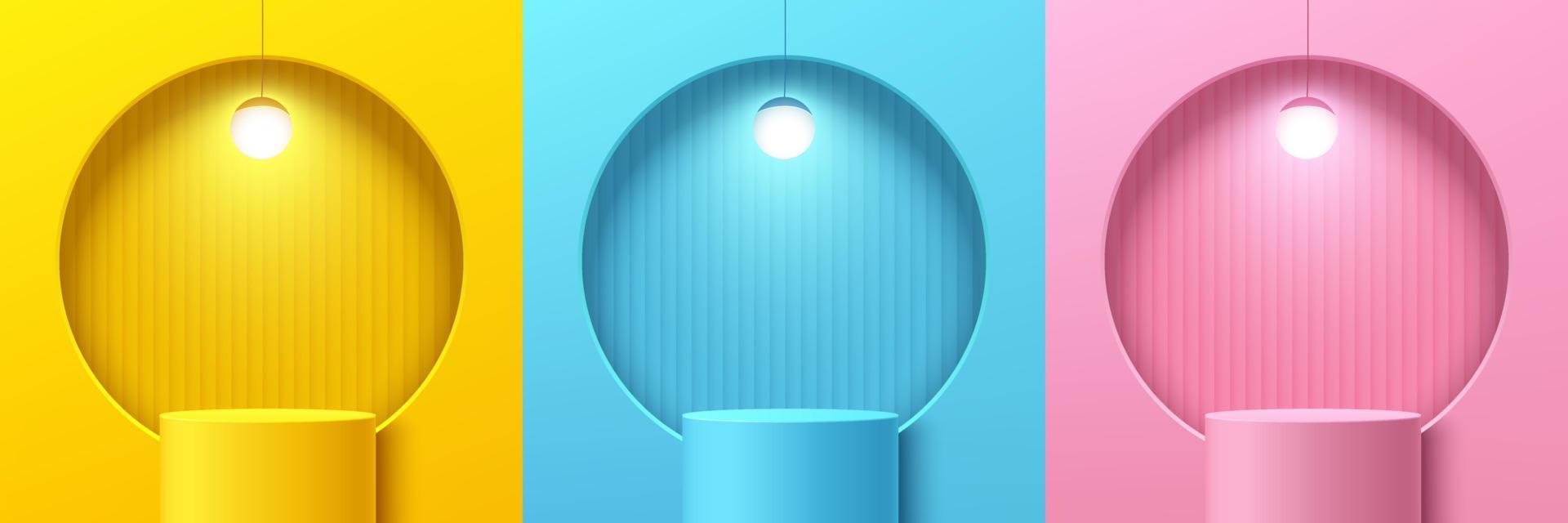 Set of abstract yellow, pink and blue cylinder pedestal or podium with circle window and hanging lamp. Pastel scene collection. Vector rendering geometric platform for product display presentation.