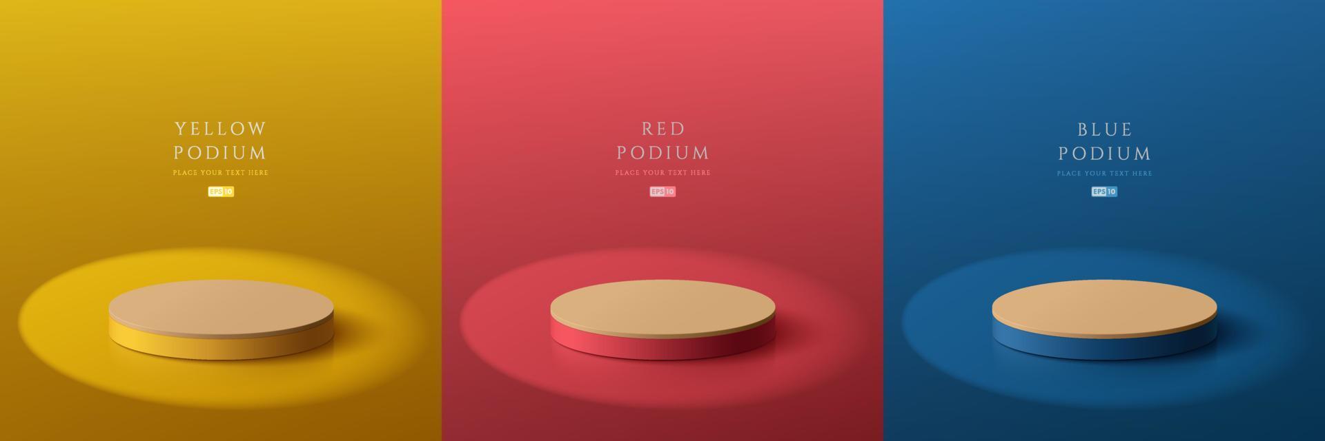 Set of yellow, dark blue, red and wood realistic 3d cylinder pedestal podium in abstract rooms with shadow overlay. Stage showcase, Product display. Vector rendering geometric forms. Minimal scene.