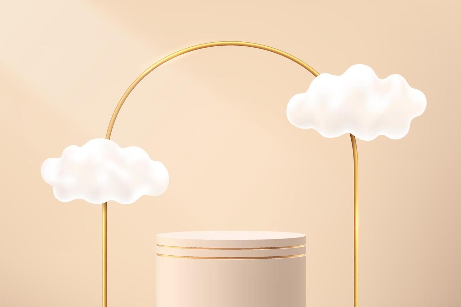 Abstract beige 3D cylinder pedestal or stand podium with golden arches and cloud flying. Luxury light brown minimal scene for cosmetic product display presentation. Vector geometric rendering platform