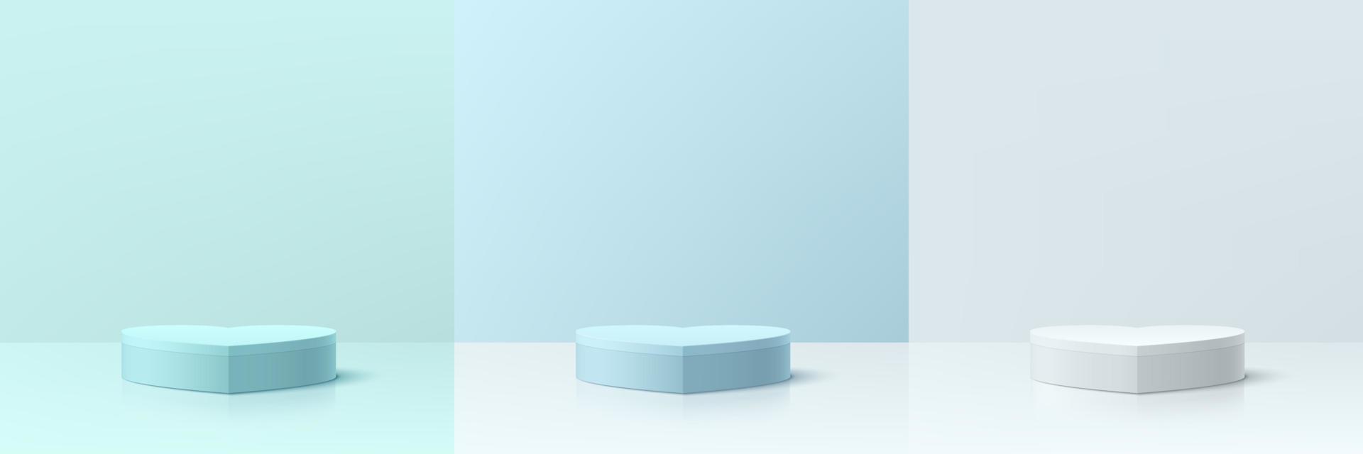 Set of green, blue and  white 3D abstract room with pedestal podium in heart shape. Pastel minimal scene for valentine product display. Vector rendering geometric forms. Stage showcase. Mother day.