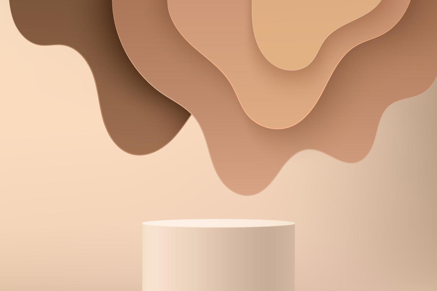 Abstract beige 3D cylinder pedestal or stand podium with brown wavy layers backdrop. Light brown minimal wall scene for cosmetic product display presentation. Vector geometric rendering platform.