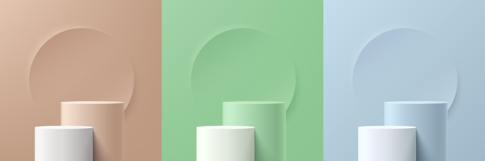 Set of abstract 3D beige, green, blue and white cylinder pedestal podium with circle backdrop. Pastel minimal wall scene collection. Modern vector rendering platform for product display presentation.