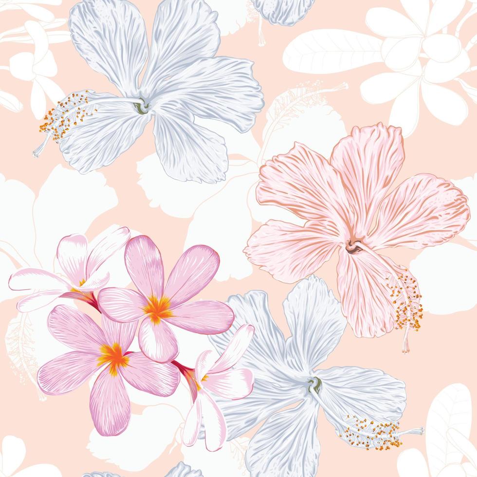 patrón floral sin costuras con hibisco y flores de frangipani fondo abstracto rosa pastel. ilustración vectorial dibujo a mano línea art. para diseño de pinta de tela. vector