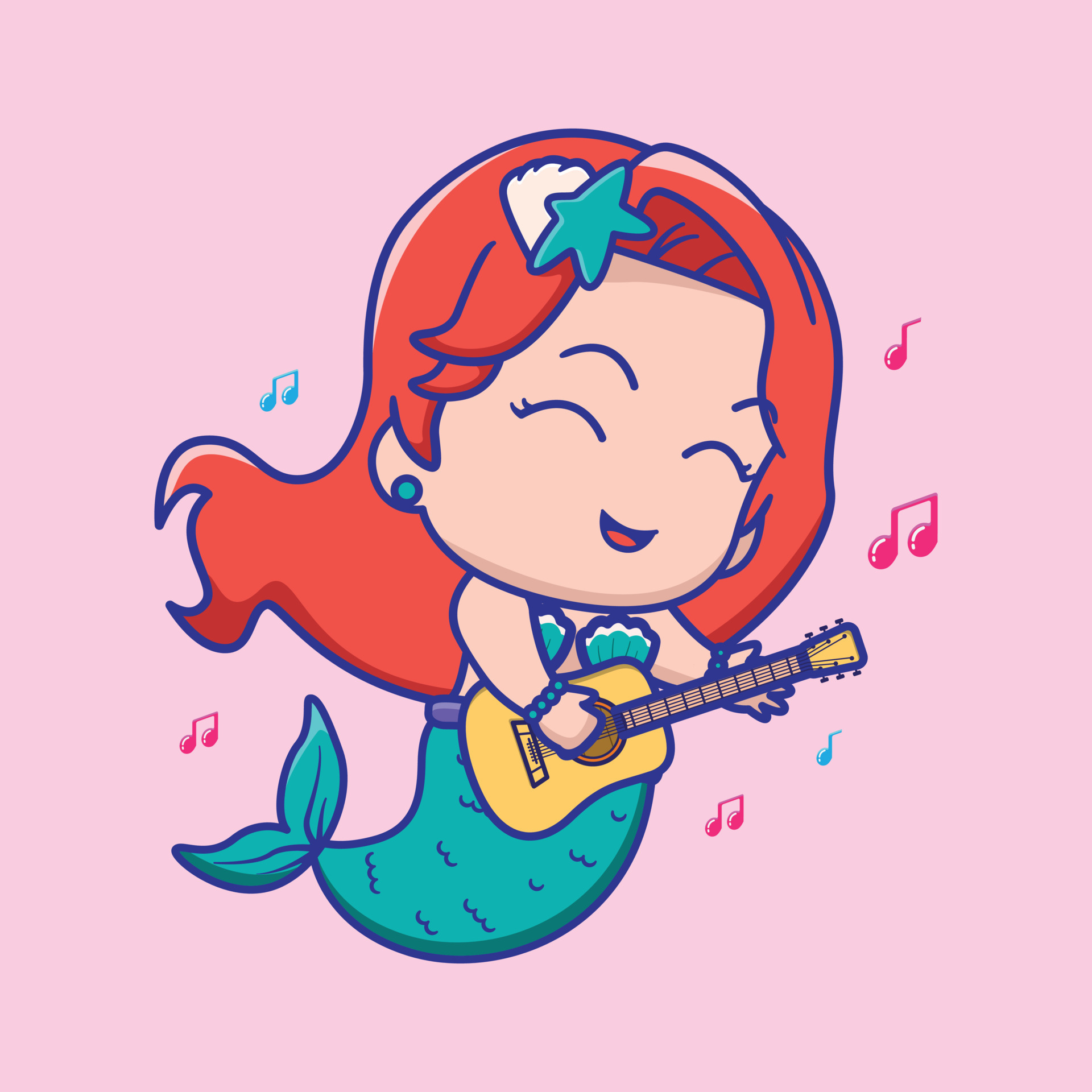 cute mermaid playing guitar, for kids fashion artworks, children books