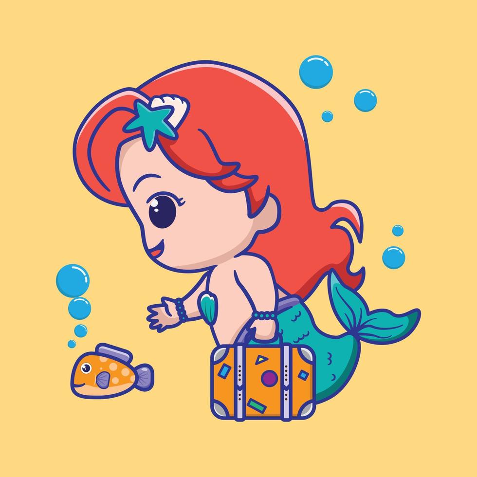 cute mermaid vacation with little fish, for kids fashion artworks, children books, greeting cards. vector illustration.