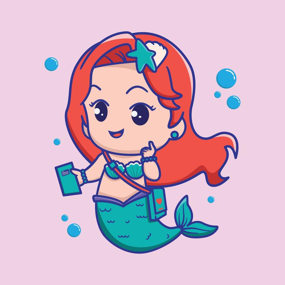 cute mermaid carrying book and bag, for kids fashion artworks, children books, greeting cards. vector