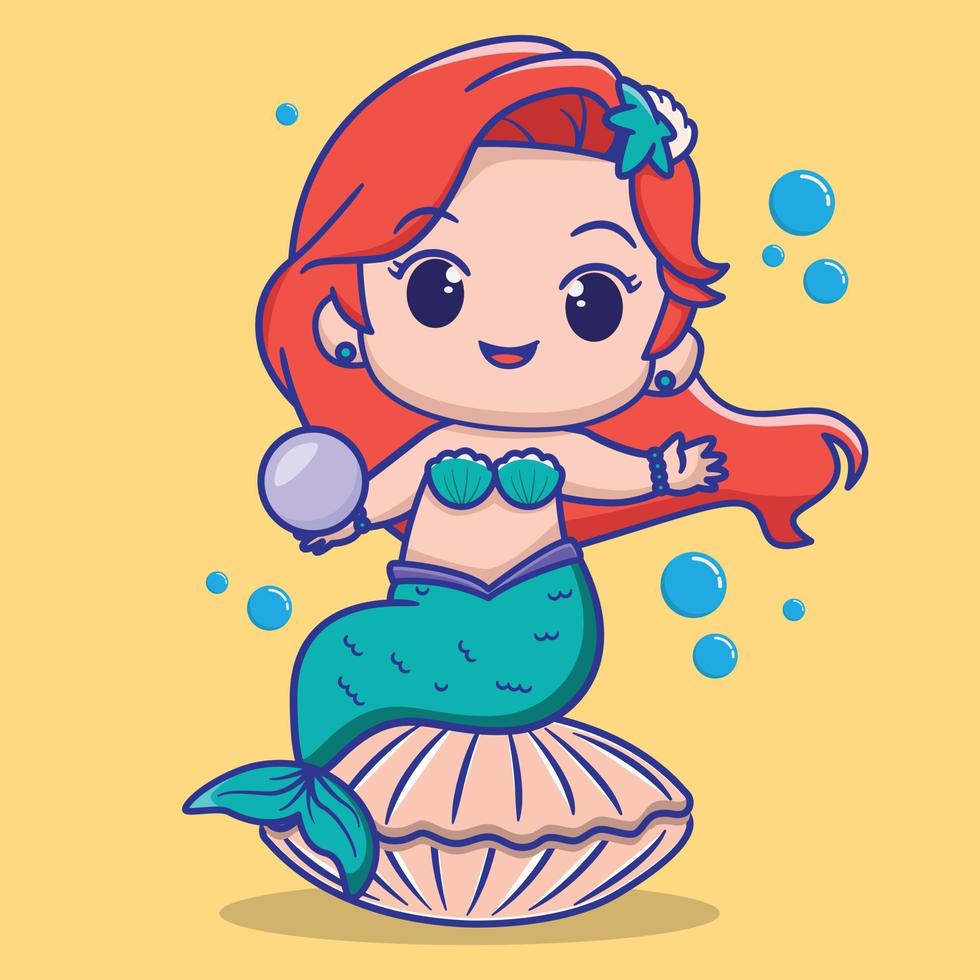 Mermaid holding shell pearls, for kids fashion artworks, children books, greeting cards. vector illustration.