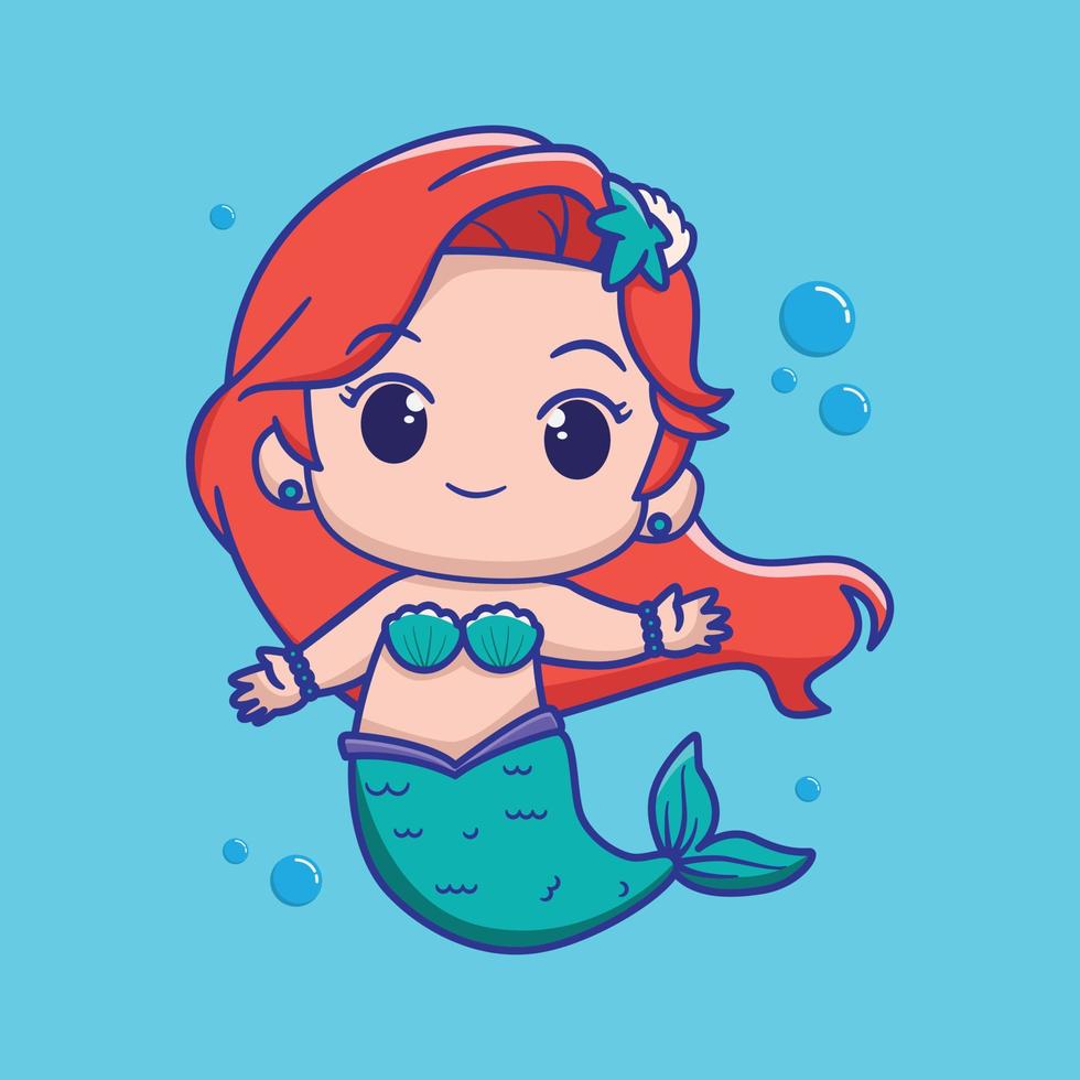 vector illustration of mermaid icons in kawaii style.