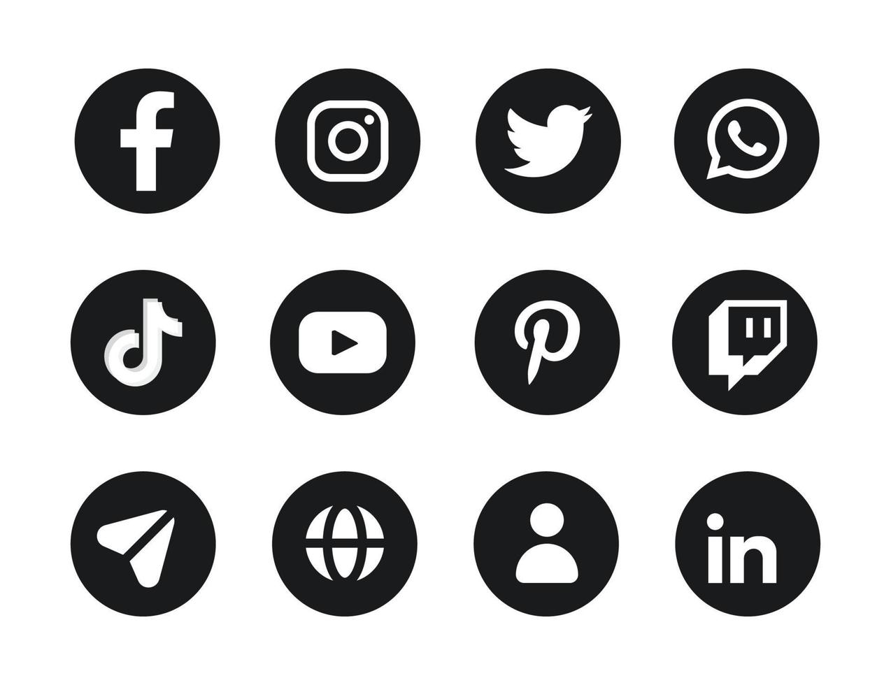 colección de icono de redes sociales populares en blanco y negro en vector plano redondo