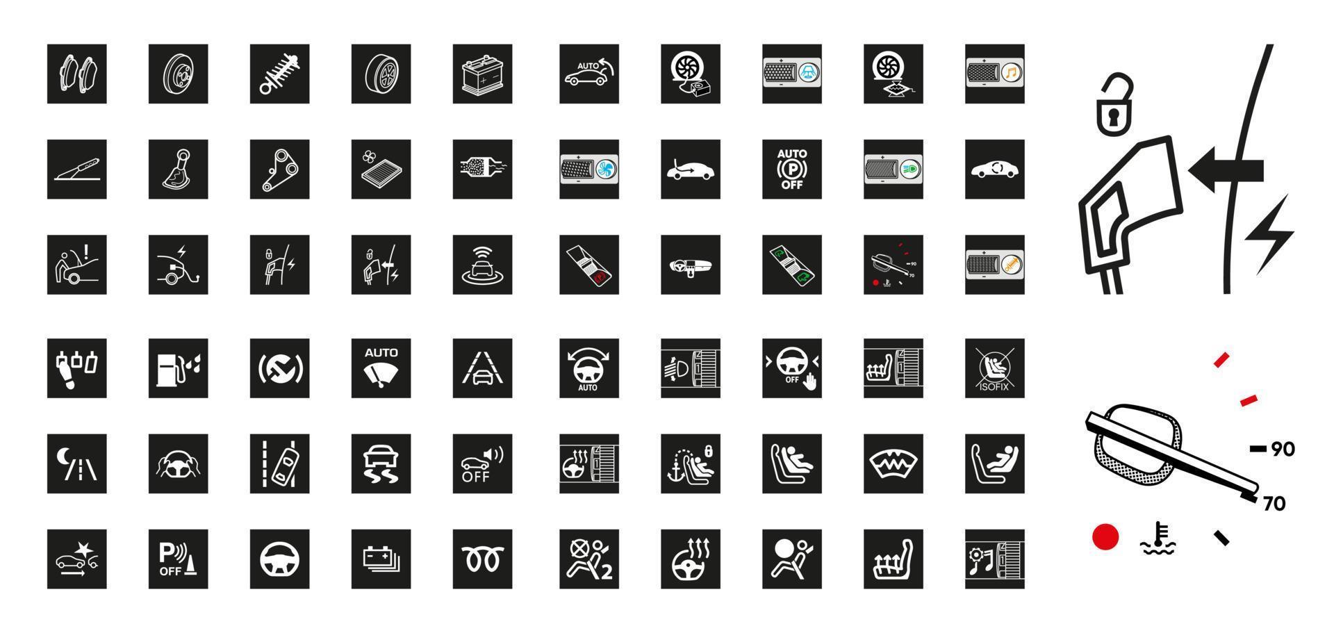 Car related sign-information 60 large icon set. Modern smart vehicle icons. Car warning signs. Linear original logo. Simple outline style sign icon. Vector illustration. EPS 10