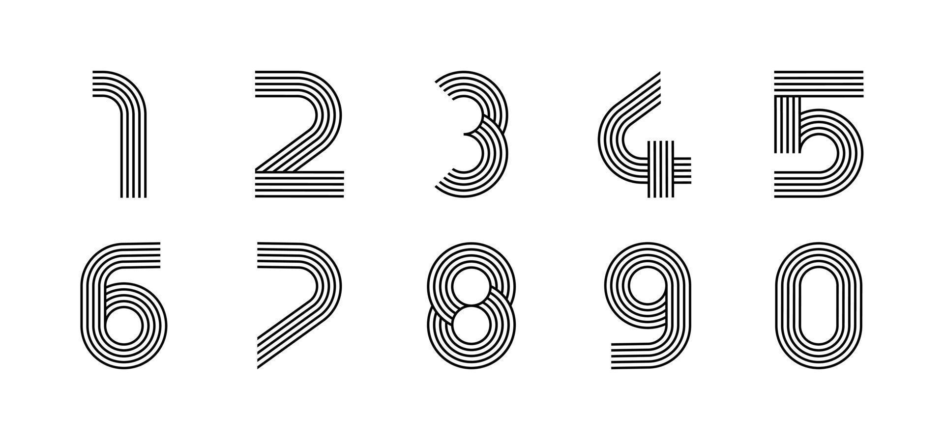 logotipo moderno lineal de dígitos. todos los números en forma de tira de línea. carácter numérico del alfabeto y diseño abstracto lineal numérico. logo, identidad corporativa, app, poster creativo y más. vector