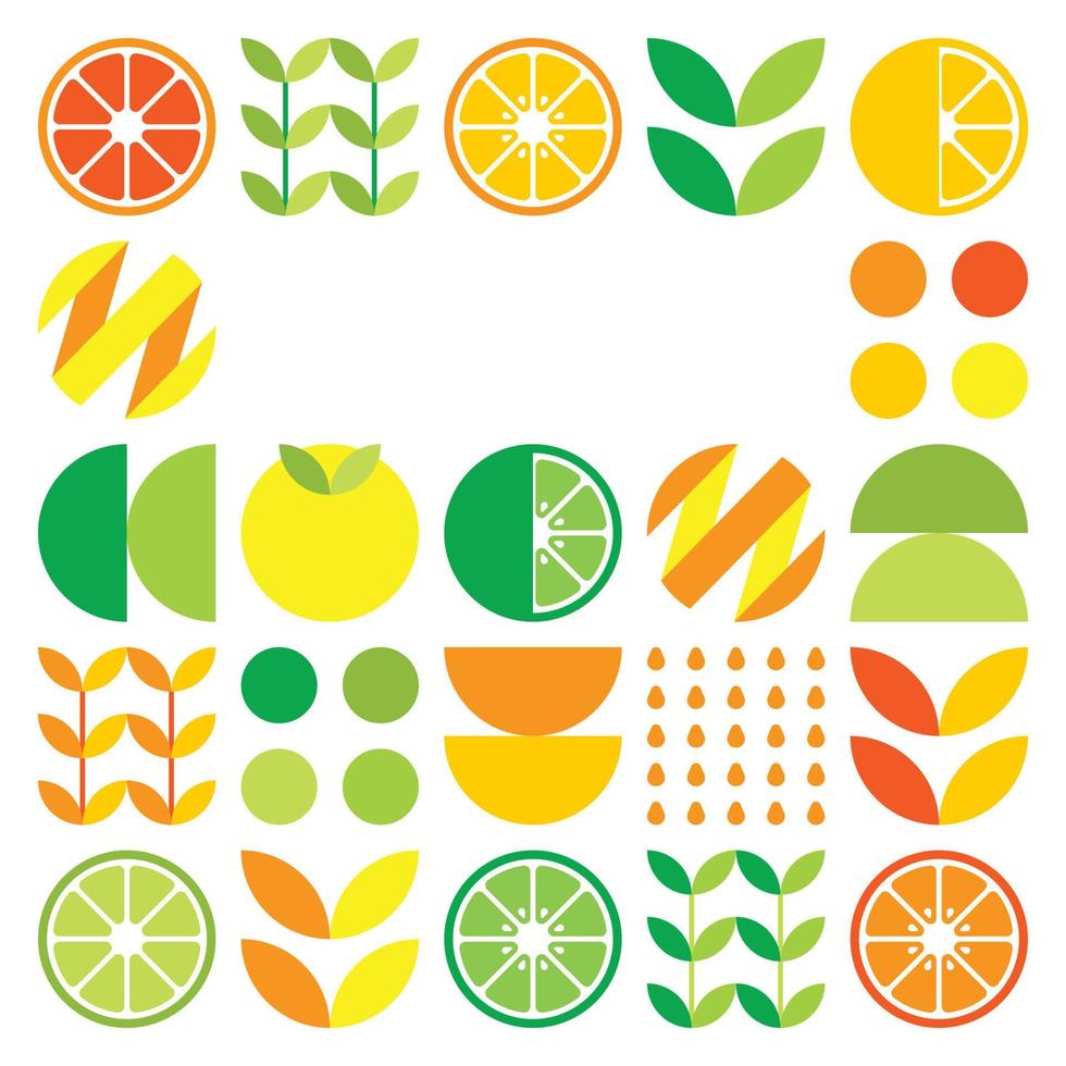 Minimalist flat vector frame in citrus fruit symbol. Simple geometric illustration of oranges, lemons, lemonade and leaves. Abstract orange design on white background. Good for posters or banners.