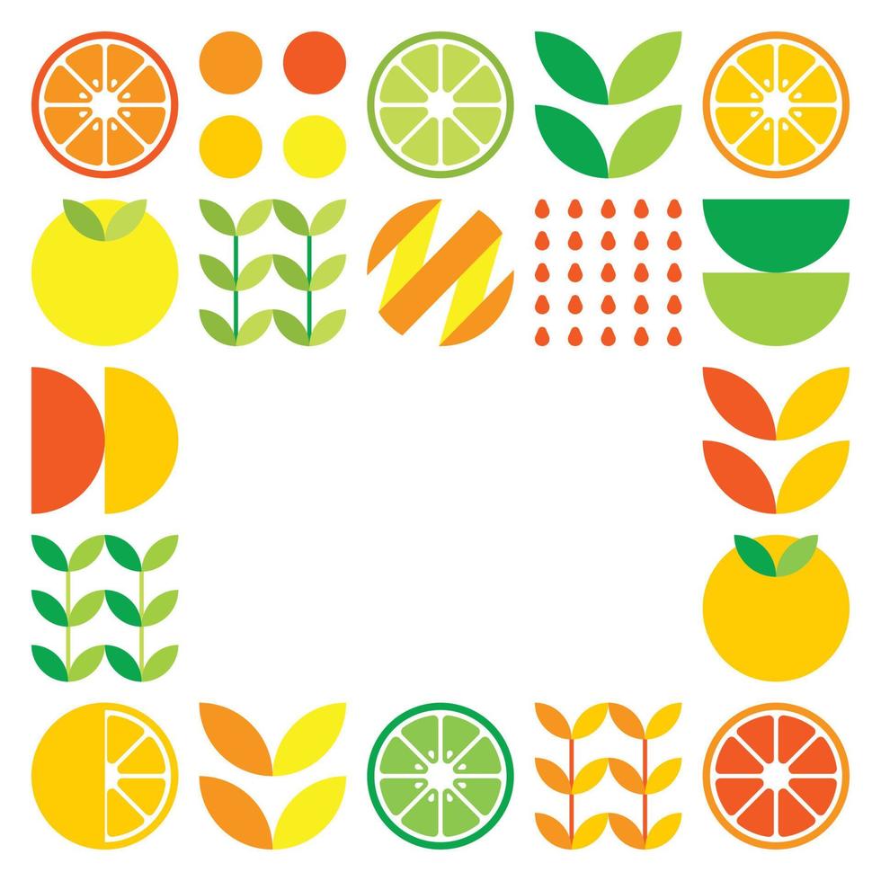 Minimalist flat vector frame in citrus fruit symbol. Simple geometric illustration of oranges, lemons, lemonade and leaves. Abstract orange design on white background. Good for posters or banners.