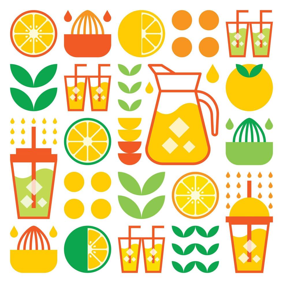 simple ilustración plana de formas abstractas de cítricos, limones, limonada, limas, hojas y otros símbolos geométricos. icono de bebida helada de jugo de naranja fresco con vaso, jarra, paja y vaso de plástico. vector