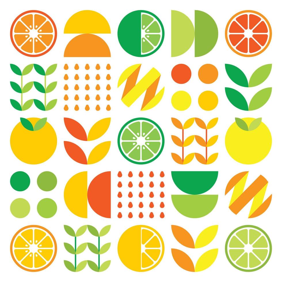 Abstract artwork of orange fruit symbol icon. Simple vector art, geometric illustration of colorful citruses, lemons, lemonade, limes and leaves. Minimalist citrus flat design on white background.