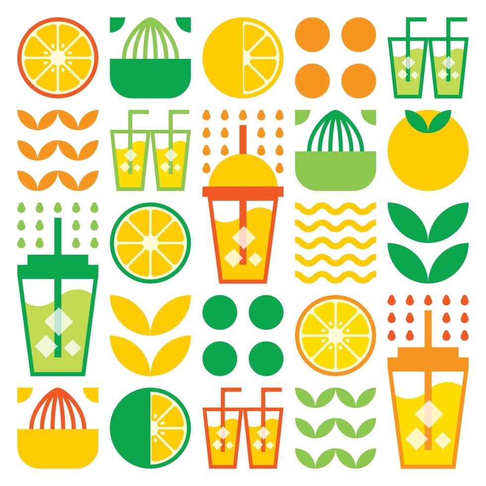 Simple flat illustration of abstract shapes of citrus fruits, lemons, grapefruit, lemonade, limes, leaves and other geometric symbols. Fresh juice ice drink icon in glass, and plastic cup with straw. vector