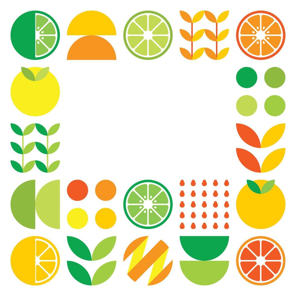 marco de vector plano minimalista en símbolo de cítricos. simple ilustración geométrica de naranjas, limones, limonada y hojas. diseño naranja abstracto sobre fondo blanco. bueno para carteles o pancartas.