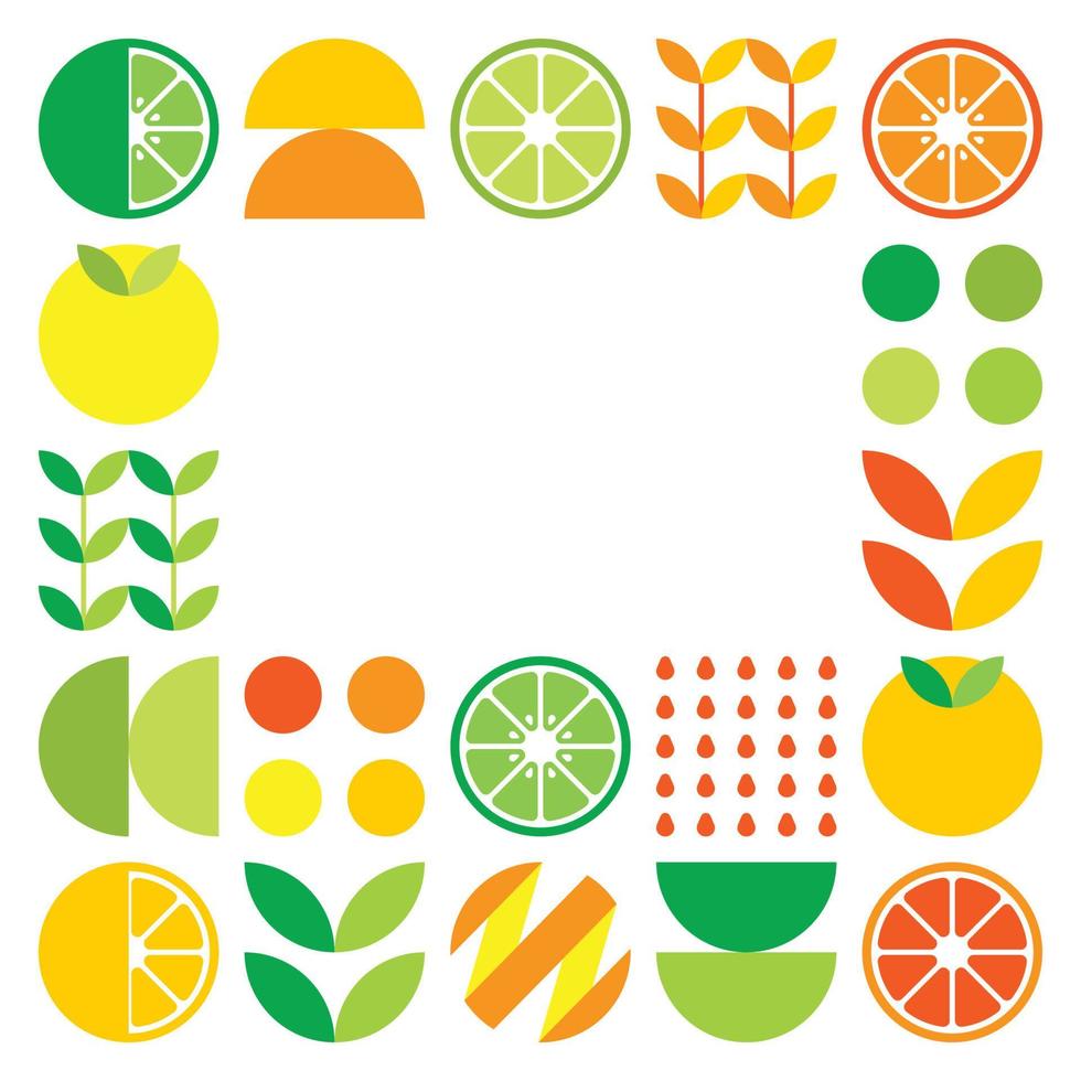 Minimalist flat vector frame in citrus fruit symbol. Simple geometric illustration of oranges, lemons, lemonade and leaves. Abstract orange design on white background. Good for posters or banners.