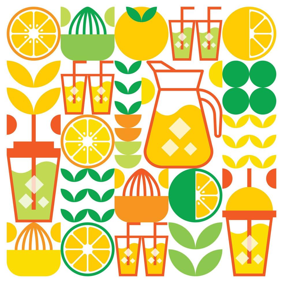 Simple flat illustration of abstract shapes of citrus fruits, lemons, lemonade, limes, leaves and other geometric symbols. Fresh orange juice ice drink icon with glass, jug, straw and plastic cup. vector