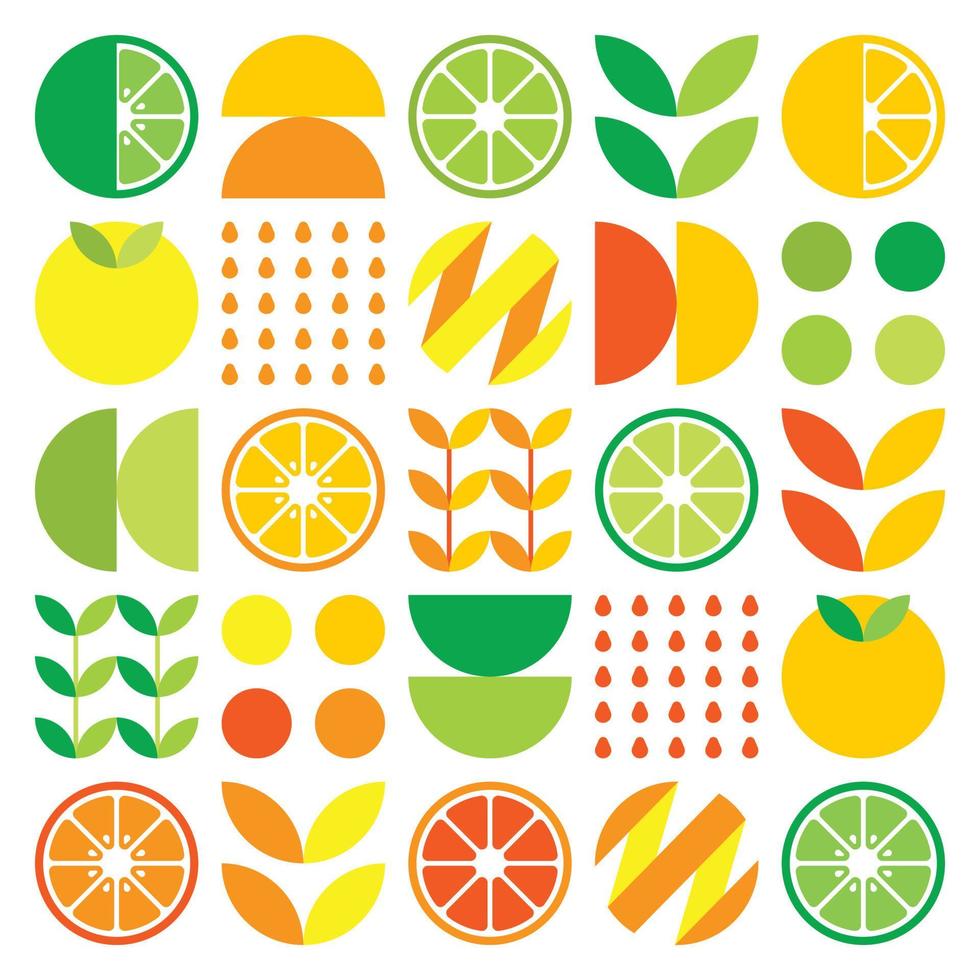 Abstract artwork of orange fruit symbol icon. Simple vector art, geometric illustration of colorful citruses, lemons, lemonade, limes and leaves. Minimalist citrus flat design on white background.