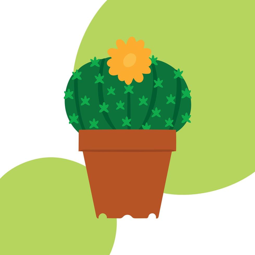 Blooming green cactus in flower pot. Vector illustration. Yellow flower. Image isolated on colored background. Design element