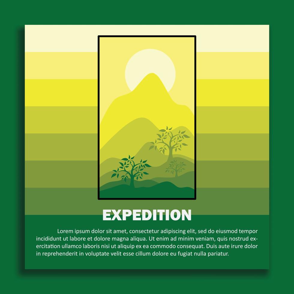 plantilla de diseño de ilustración de paisaje, acompañada de elementos de montañas, árboles y colinas. vector