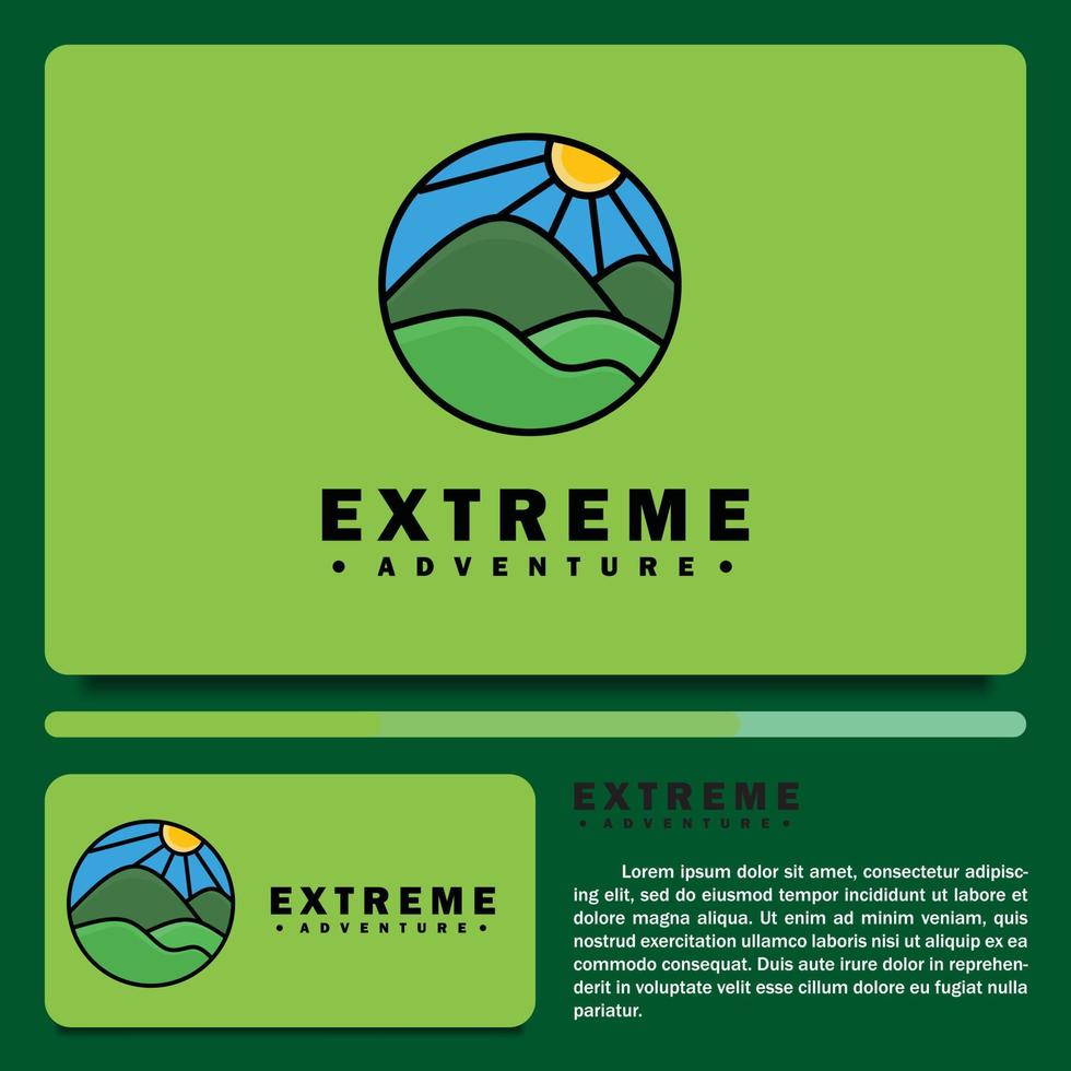 farming logo design template, with a simple illustration icon of a mountain view and green land. vector