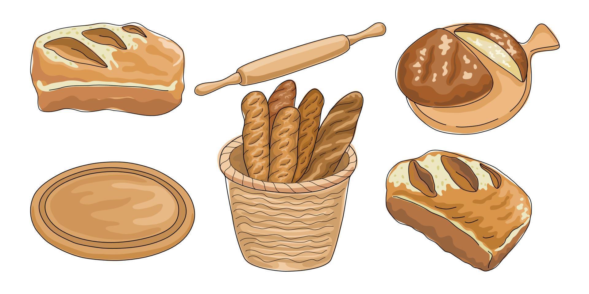 Set of vector illustrations, homemade bread, designed in doodle style. on a white background for card decorations, menus, digital prints, bread making illustrations, stickers, scrapbook and more