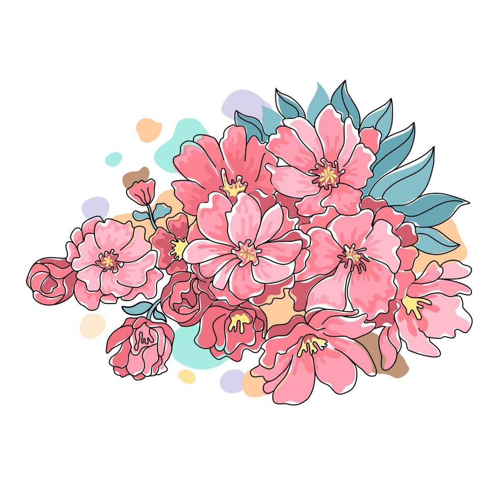 ilustración de vector de flores diseñada en colores brillantes estilo garabato sobre fondo blanco para tarjetas, fondos, poscard, carteles, regalos, decoraciones temáticas de primavera y más