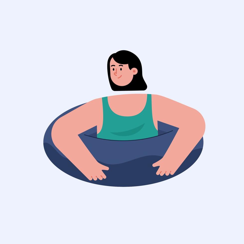 Happy woman tourist on inflatable donut mattress vector