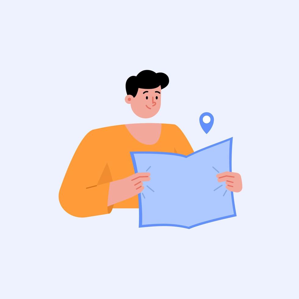 Young man holding a map and searching direction vector