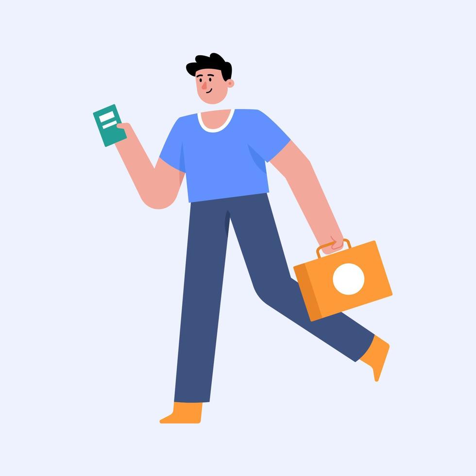 Young man tourist running with baggage vector