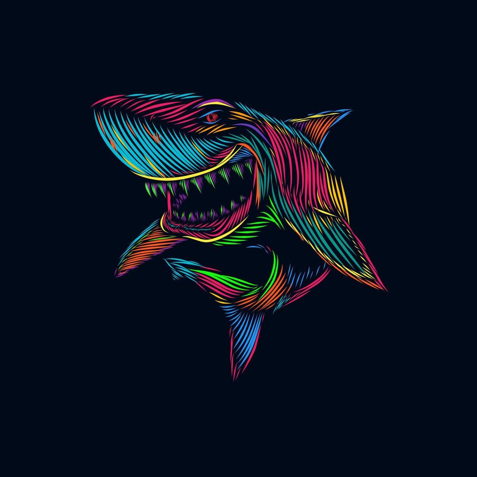 el diseño de logotipo colorido del retrato de arte pop de línea de tiburón con fondo oscuro vector