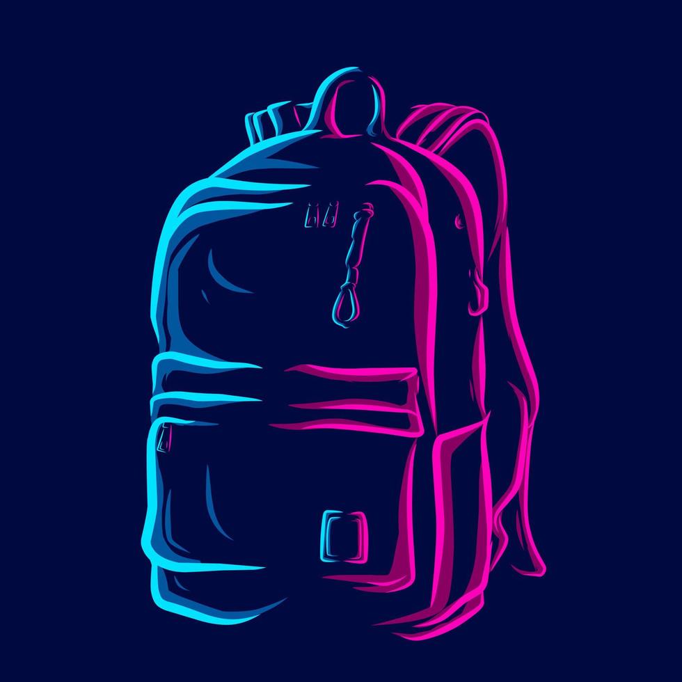 backpack travel and school bag logo line pop art potrait colorful design with dark background. Abstract vector illustration.