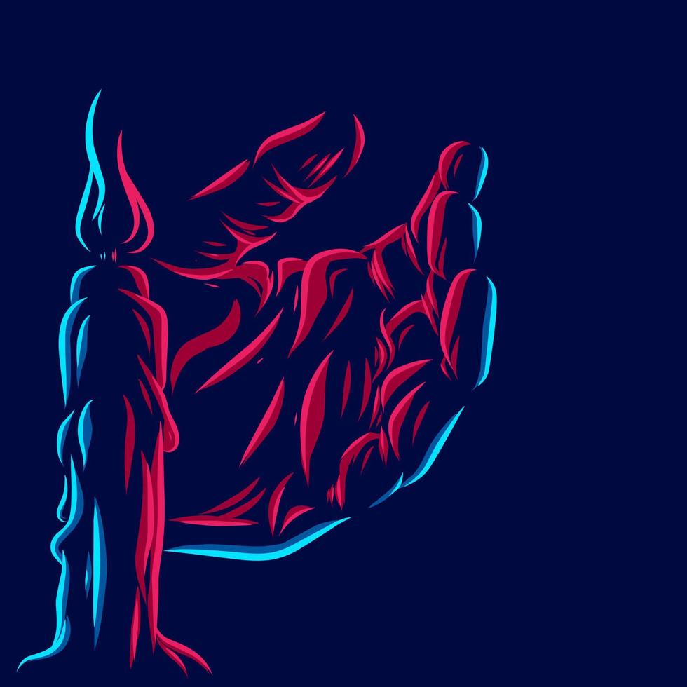 Candle light and hand line pop art portrait colorful design with dark background. Abstract vector illustration.